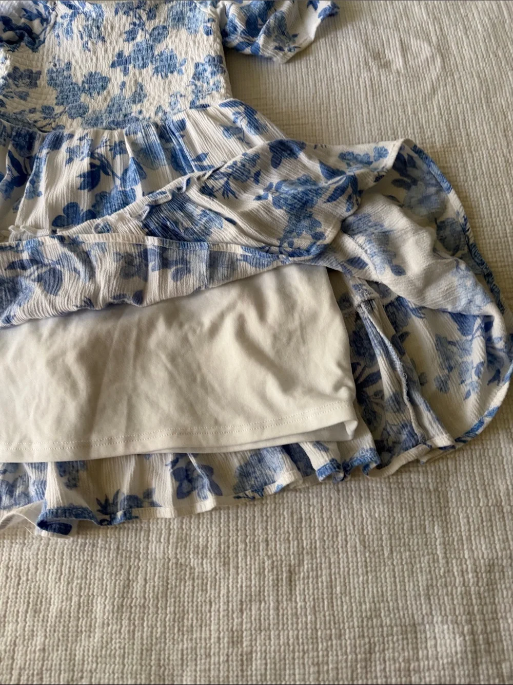 art class Girls White and Blue Floral Smocked Tiered Dress